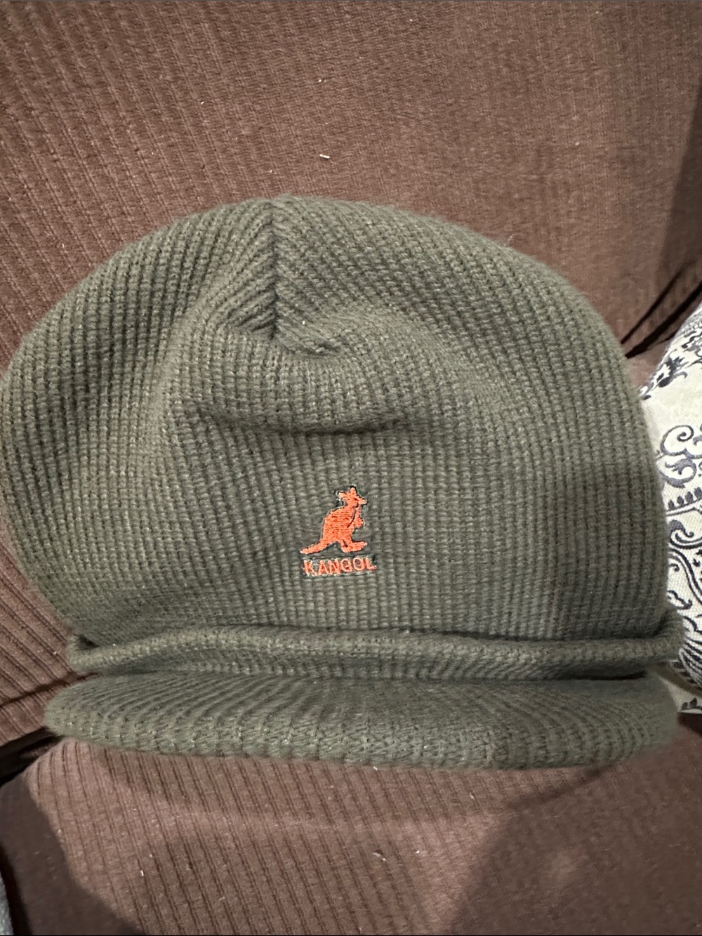 Kangol Olive Visor Beanie with Orange Kangaroo Logo